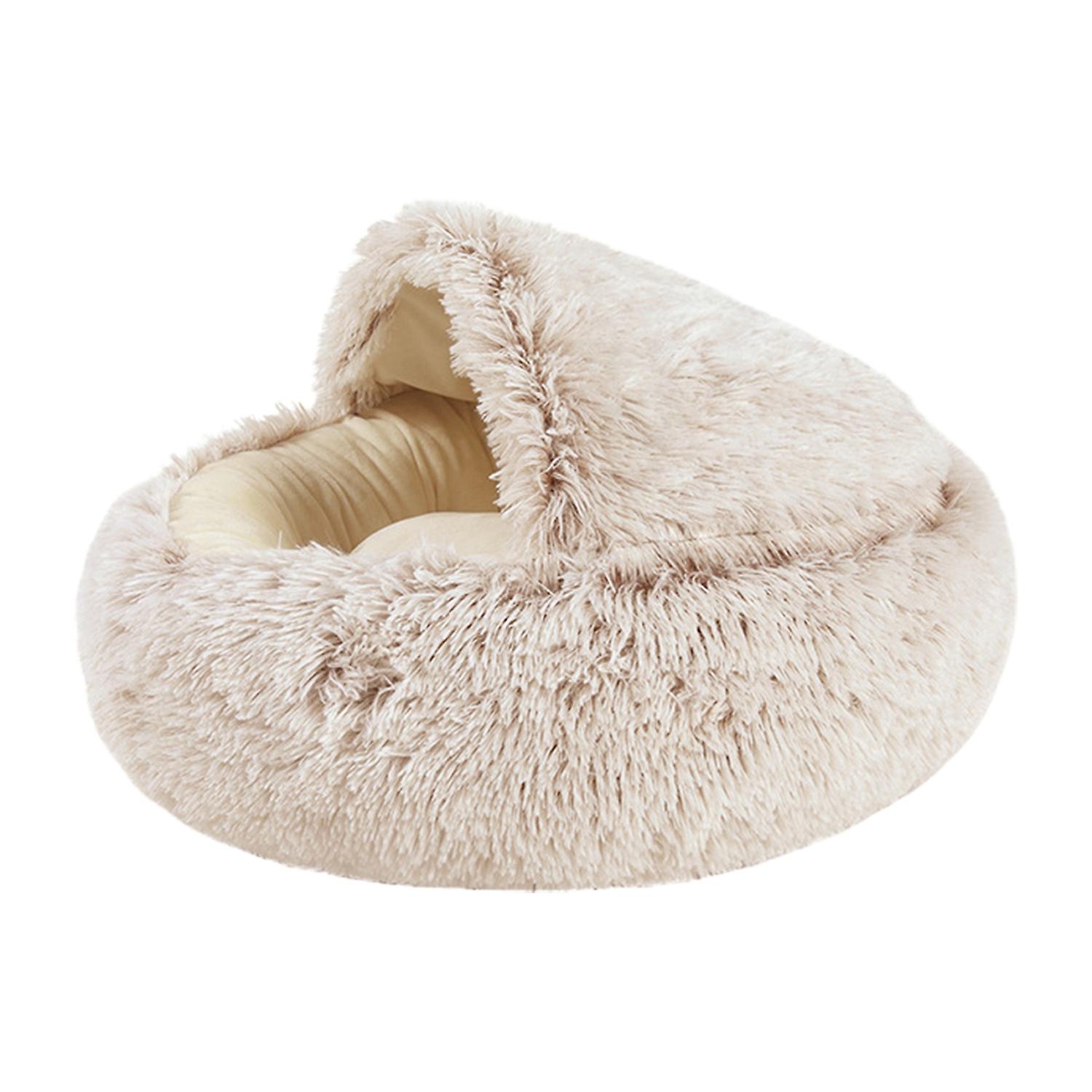 Pet Bed Round Long Plush Soft Semi-closed Elastic Solid Color Warm Small Dog Puppy Cat Cave Nest