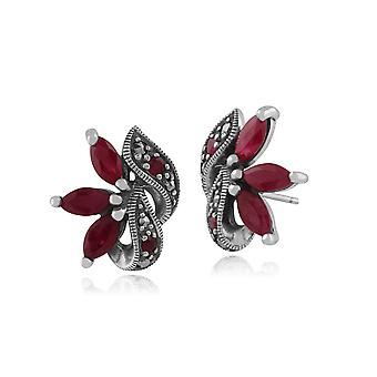 Art Nouveau Style Marquise Ruby & Marcasite Leaf Stud...