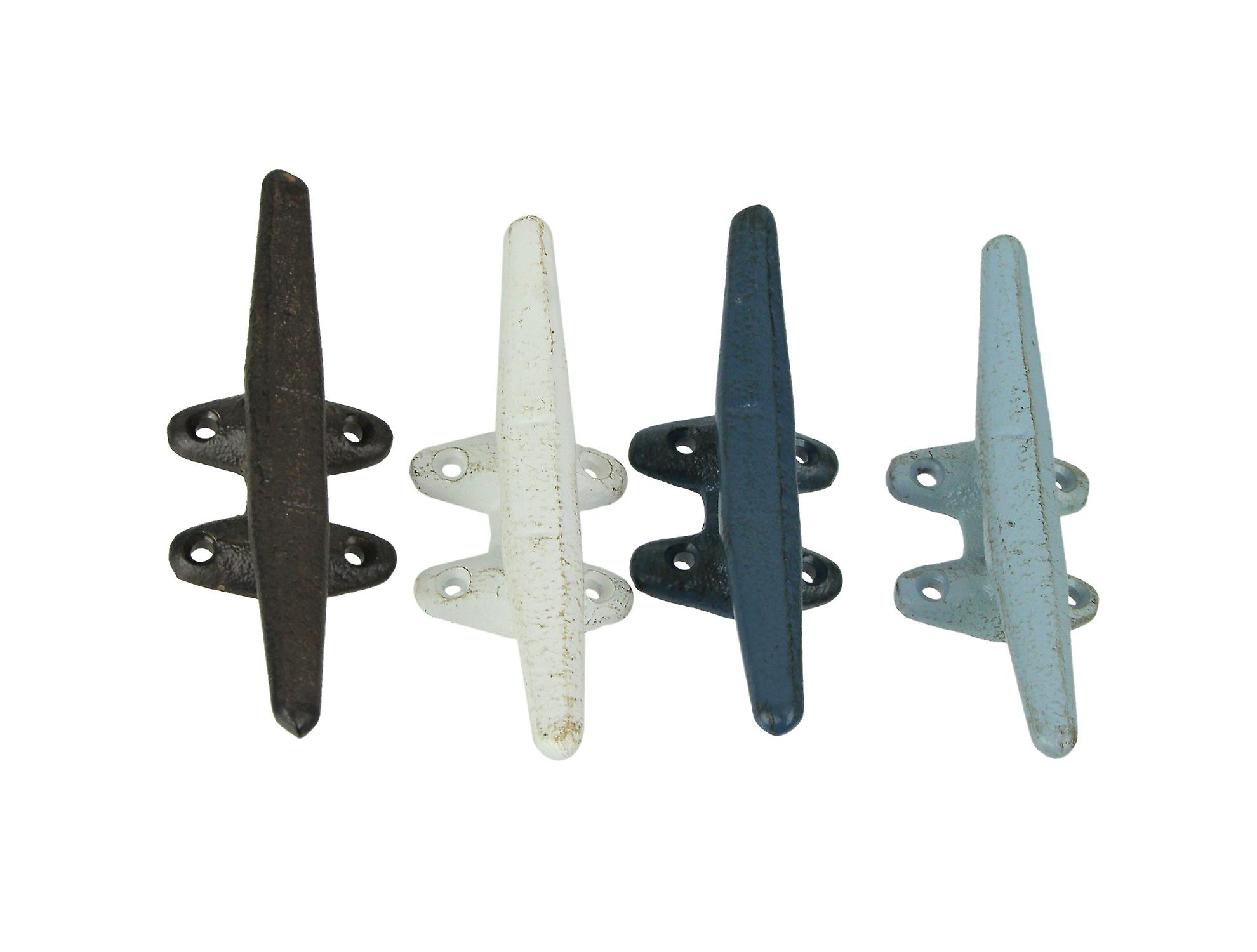 Set of 4 Vibrantly Colored Cast Iron Nautical Boat Cleat Wall Hooks for Rustic Coastal Charm and Functional Style - 5.75 Inches Long - Easy Installation