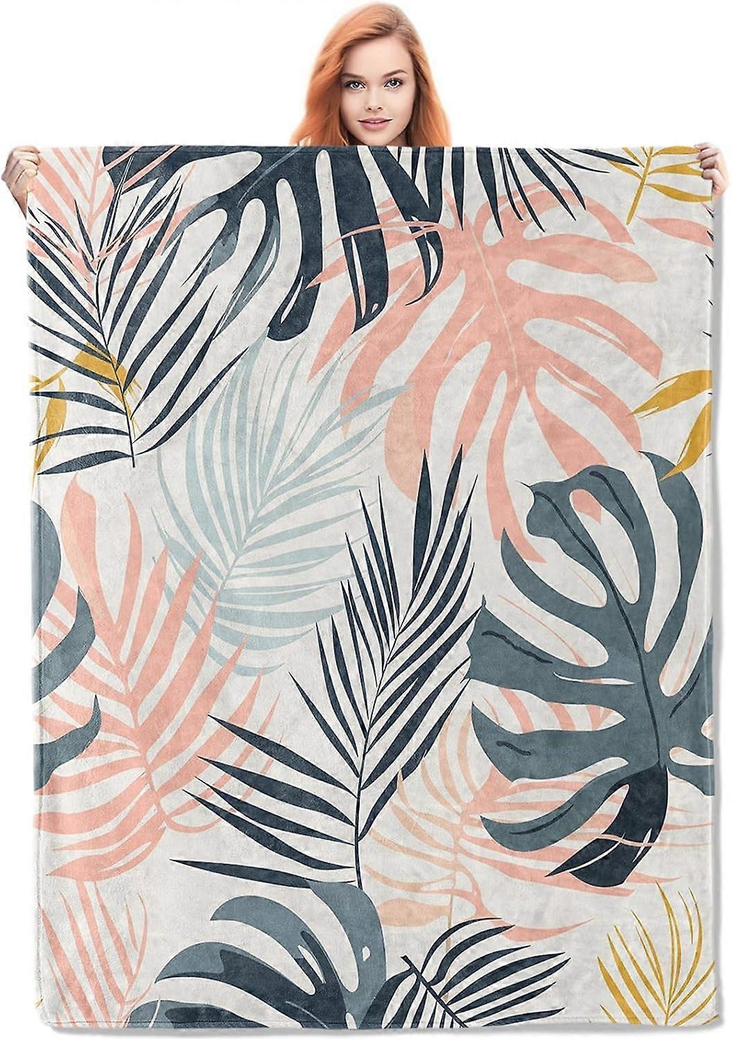 Tropical Leaves Fleece Blanket Gifts for Adults and Kids, Colorful Botanical Cozy Throw Blanket, Soft Warm Plush Boho Blanket for Home Decor, 50x60 in