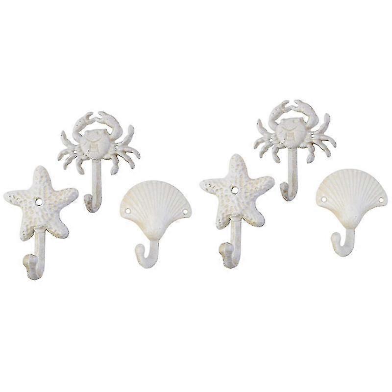 Set Of 6 Starfish Seashell Crab Cast Iron Decorative Wall Hooks Coats Aprons Towels Hooks Beach Oce