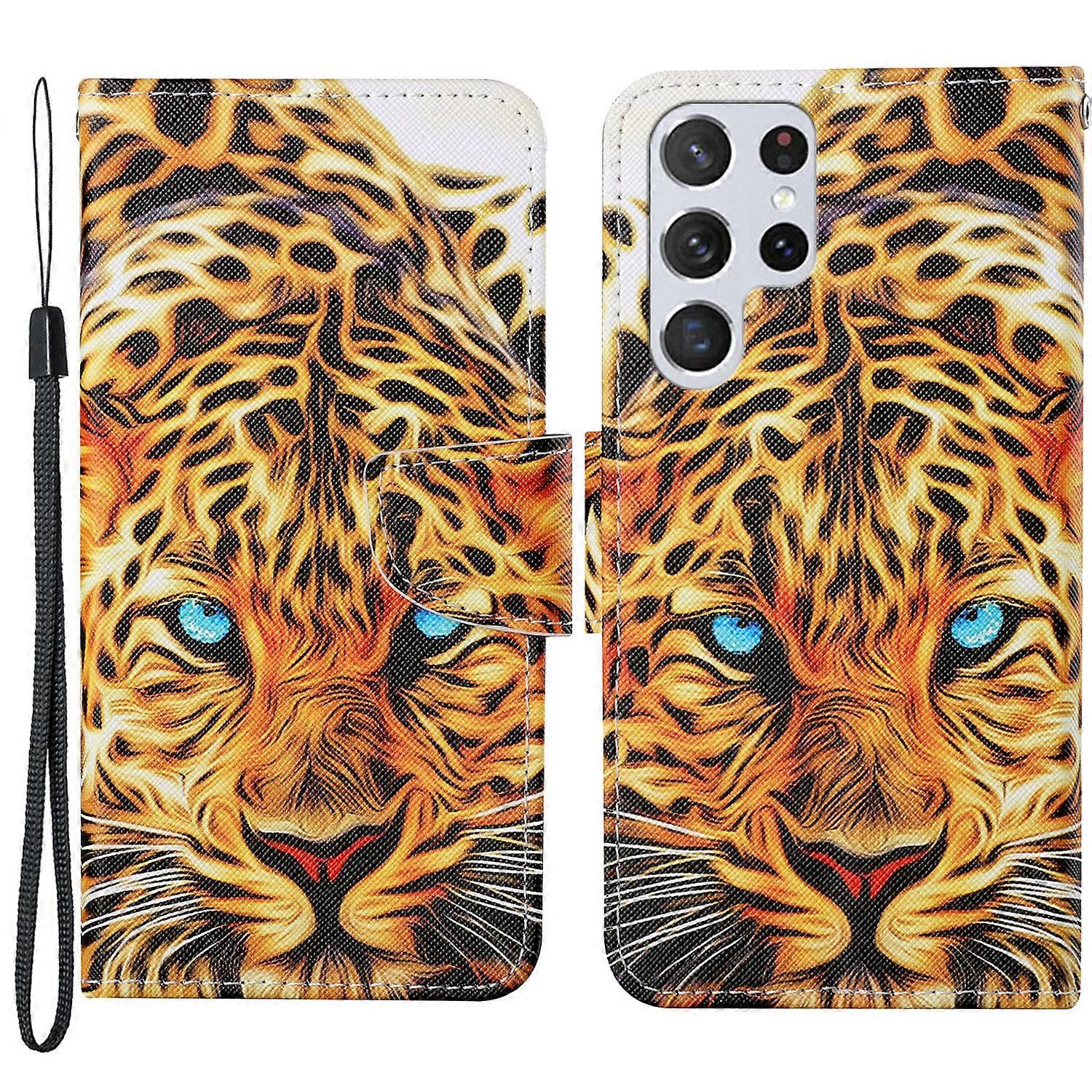 Full Body Protection Cross Texture Pattern Printing PU Leather Phone Case Shell with Stand Wallet for Samsung Galaxy S22 Ultra 5G - Watercolor Fish