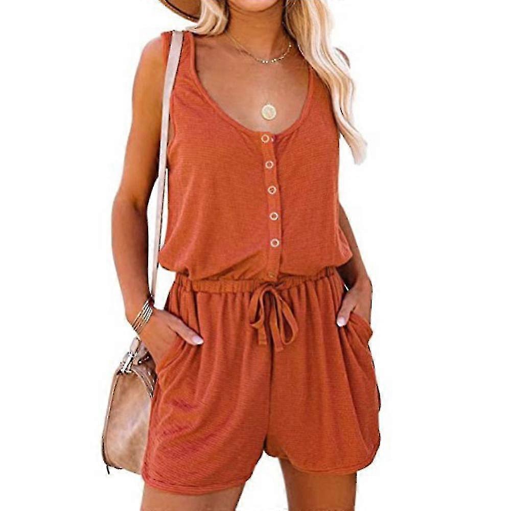 Women Button Tank Jumpsuit Romper Drawstring Sleeveless Summer Short Pants Playsuit