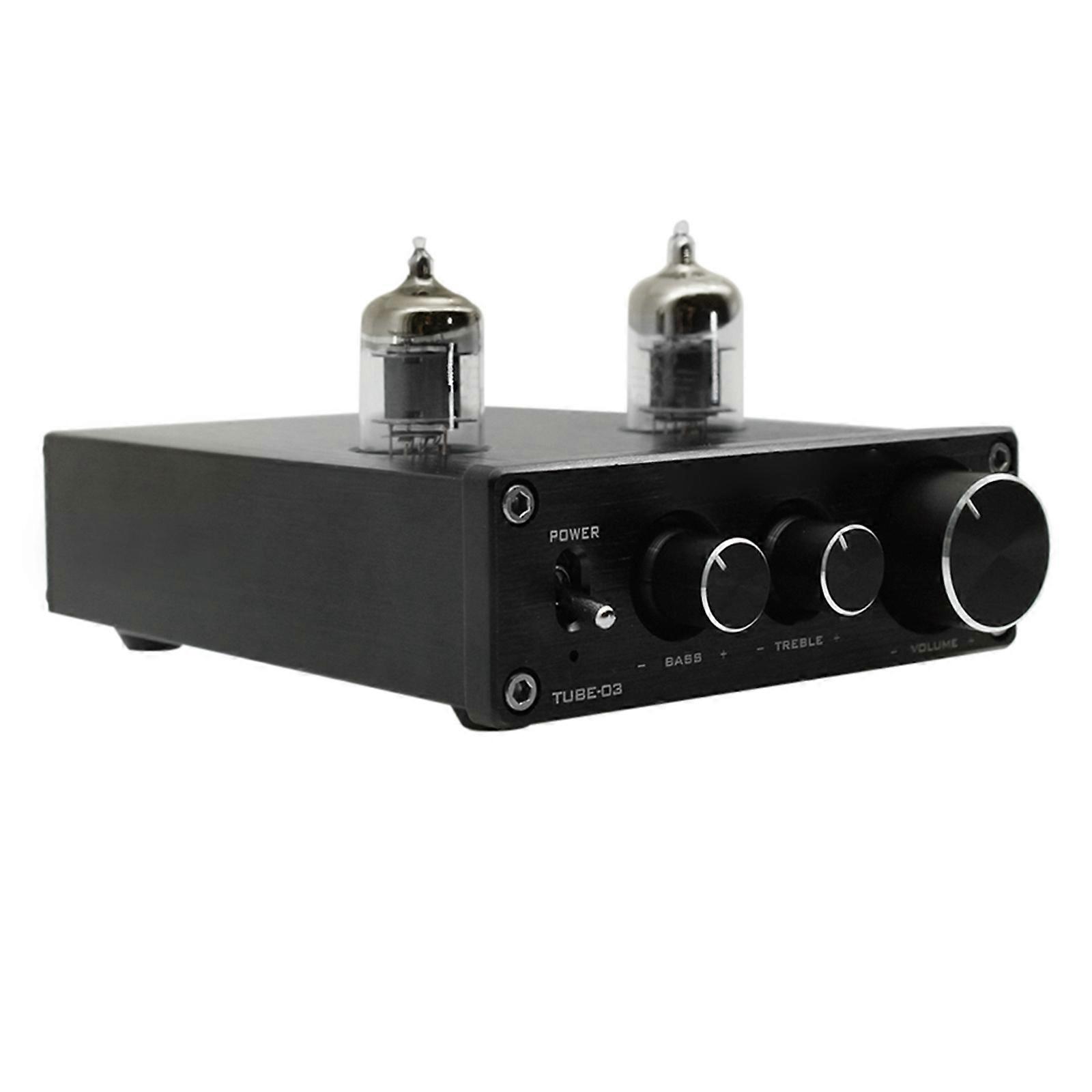 TUBE-03 Mini HiFi Audio Preamplifier 6K4 Vacuum Tube Amplifier Buffer Treble Bass Adjustment RCA Preamp Black EU Plug