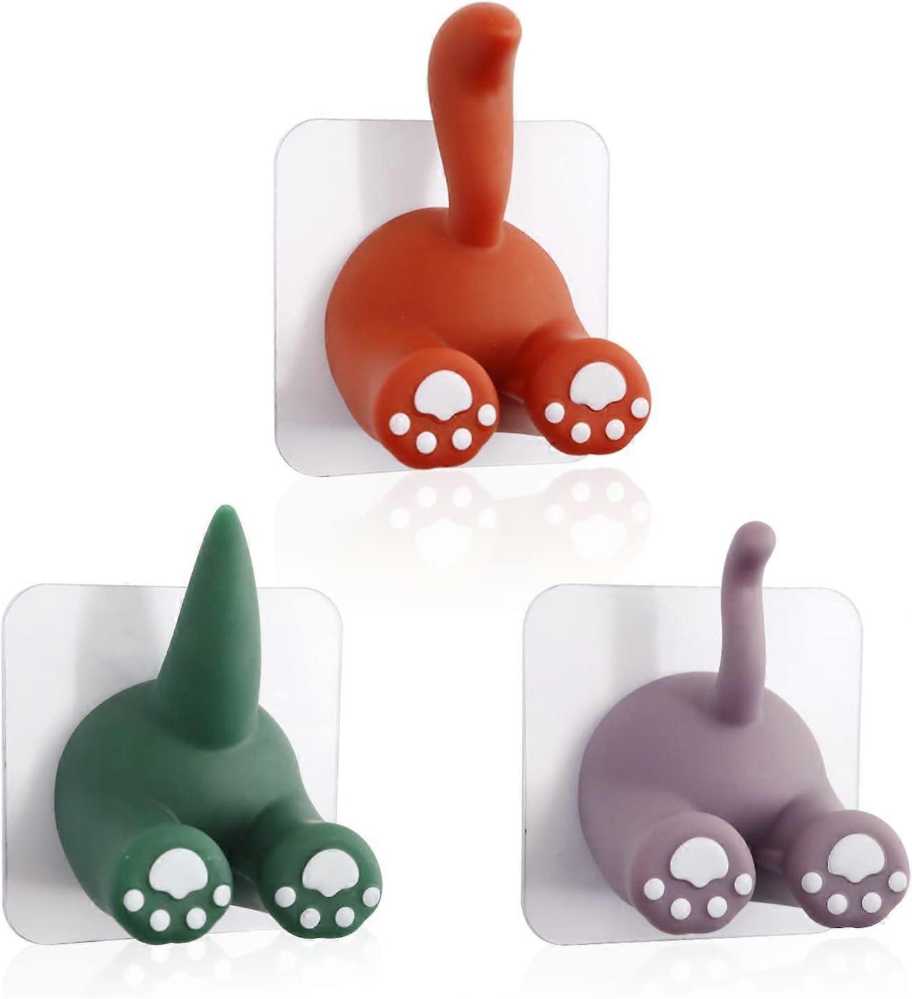 3 Pcs Multi-Purpose Animal Tail Hooks, Cartoon Sticky Wall Hooks, Kitchen Bathroom Useful Hanging Racks for Hanging Towels, Keys and Hats (3 Colors)