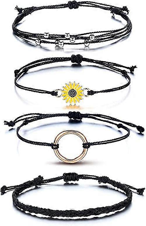 4個サマーサーファーウェーブアンクレットブレスレット女性用調節可能なストランド編組ストリングロープブレスレットヒマワリ友情ブレスレットオーシャンビーチジュエリー
