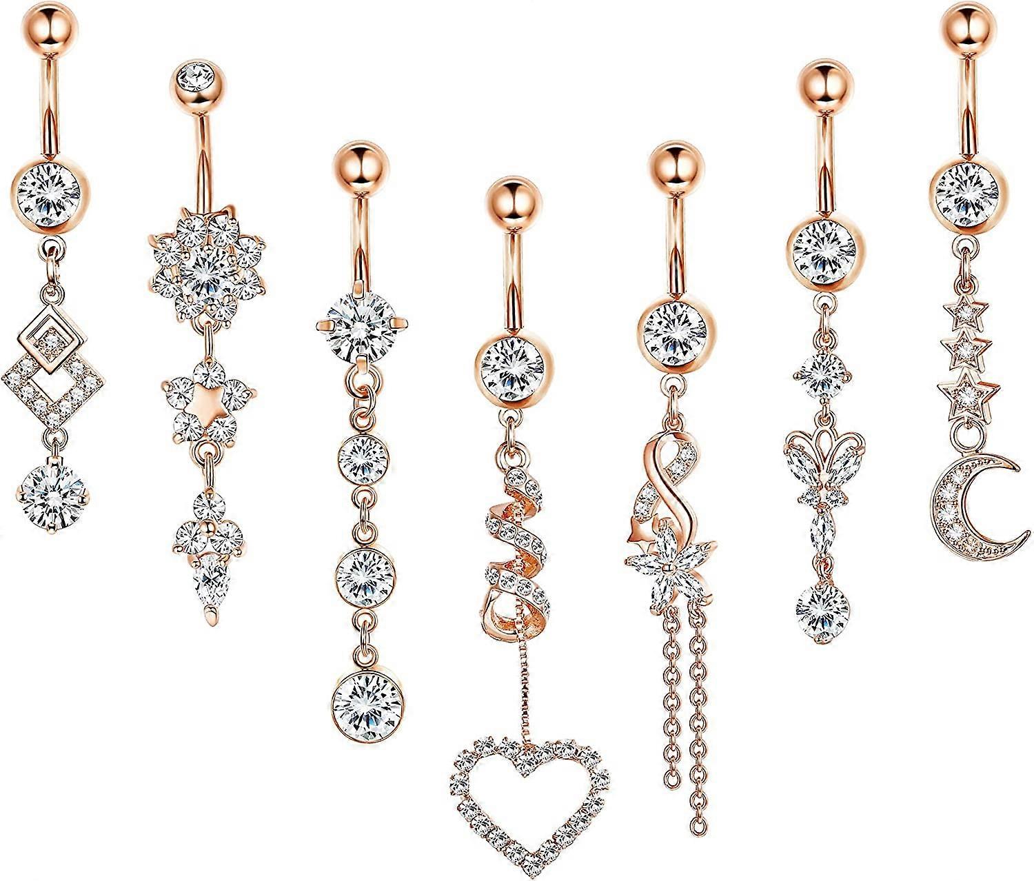 7 قطع 14 جرام حلقات زر البطن تتدلى 316L الجراحية الصلب تشيكوسلوفاكيا السرة الدائري الحديد للنساء مجوهرات ثقب الجسم الفضة / الذهب / الذهب الوردي