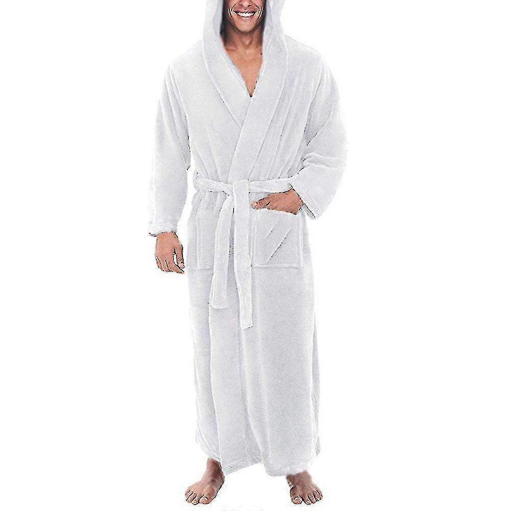 Men Fleece Lined Hooded Soft Bathrobe Solid Long Dressing Gown