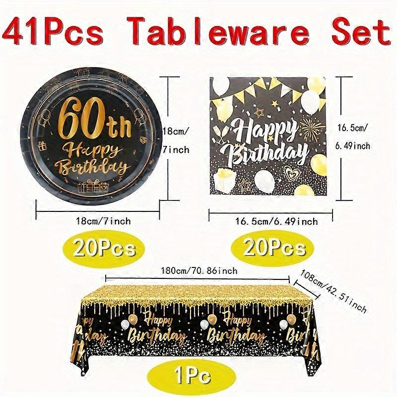 41pcs, Black And Golden Birthday Party Tableware, 7'' Dessert Plates, Luncheon Napkins And Tablecloth Rectangle Table Cover For Men Women Bachelor Par