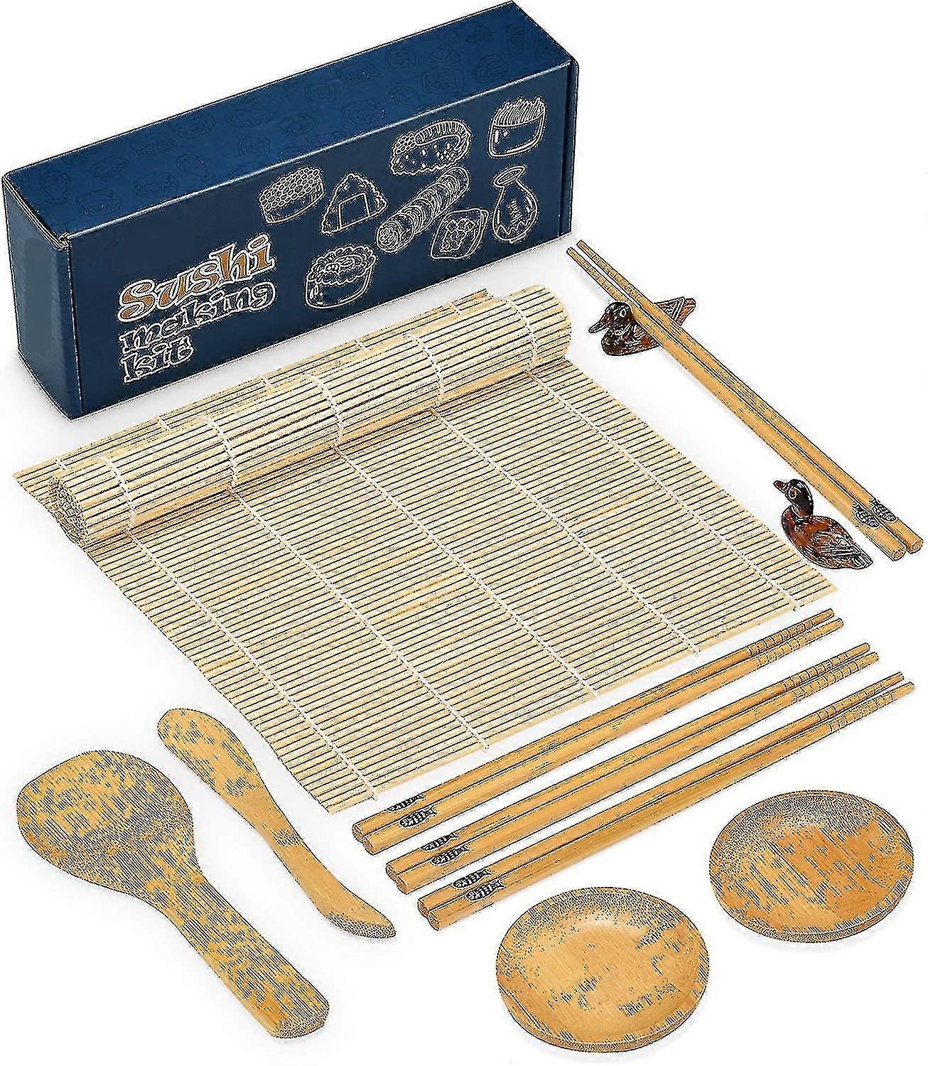 ערכת הכנת סושי 12 Pcs, מחצלת רולר סושי במבוק, מחצלות רול סושי במבוק, מקלות אכילה ומחזיק, משוט, Speader, Sause Dish