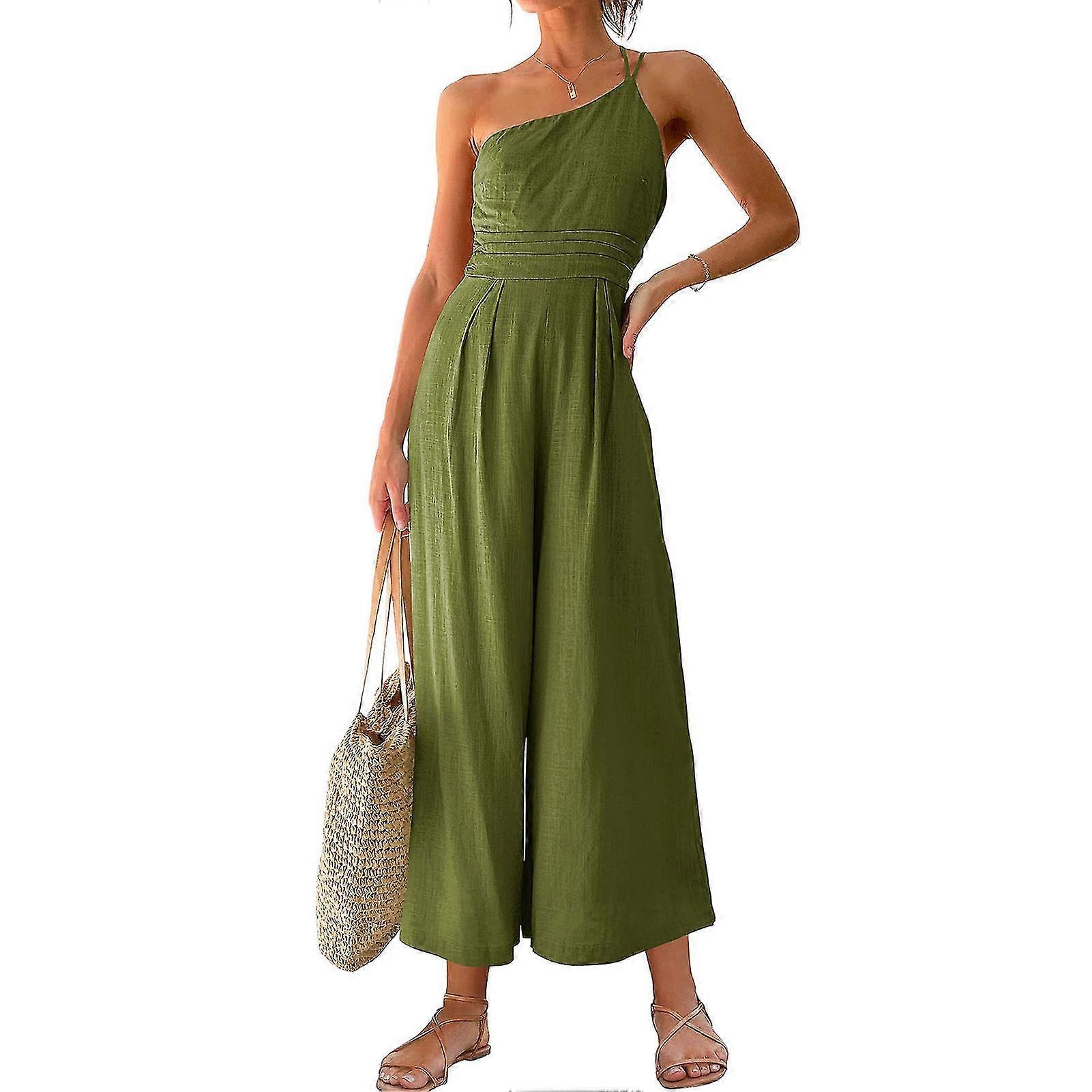 Casual Summer Women's One Shoulder Straps Romper, Sleeveless Pleated Jumpsuit with High Waist and Wide Leg, Green L