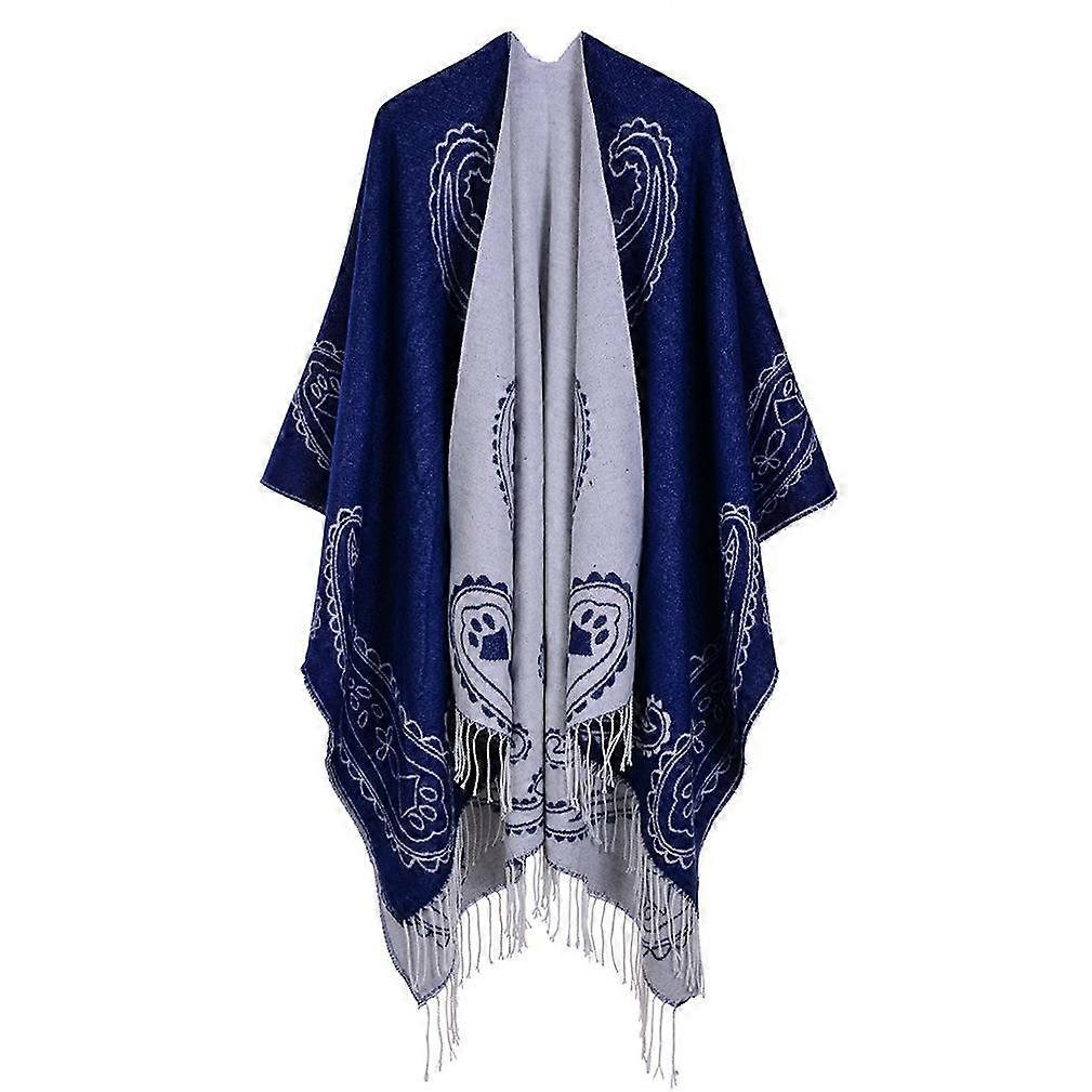 フリンジ裾ポンチョブランケットウォームショールラップカーディガンコートカシミヤフィール、ペイズリー柄レディース