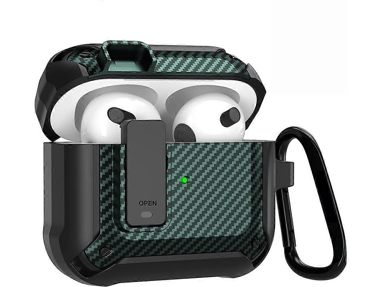 Compatible Airpods 3rd Generation Case with Lock Clip, Carbon Fiber Hard Shell AirPods 3 Case Cover with Keychain for Men Women Cool Shockproof Protec