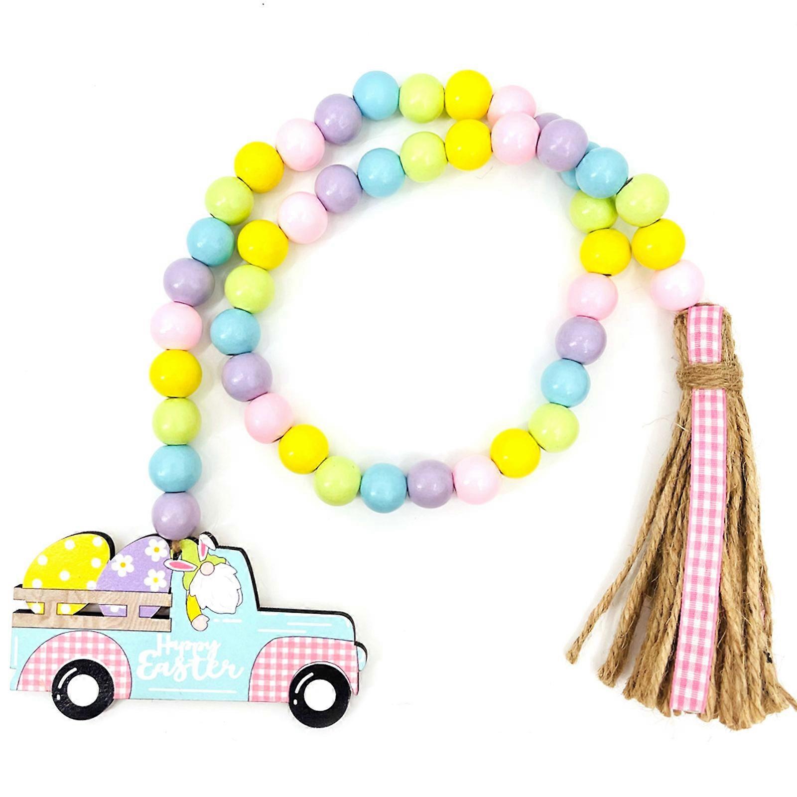 Easter Wood Bead Garland with String Tassels Gnome Tag Pendant Farmhouse Rustic