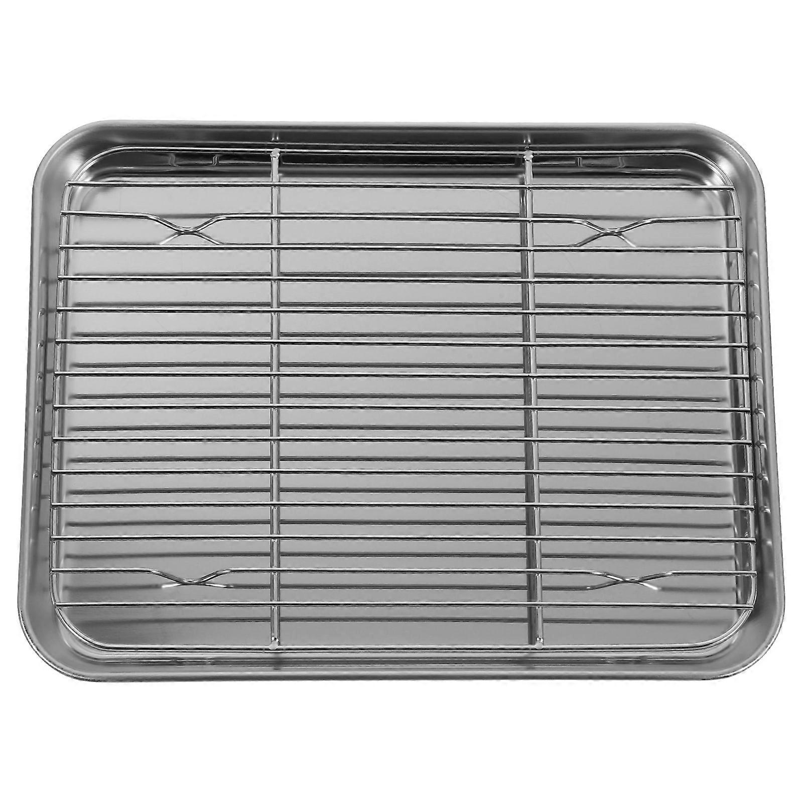 2 Pieces/Set Rectangular Baking Tray Stainless Steel Baking Pan Sheet with Removable Cooling Rack - 26x20x2.5cm