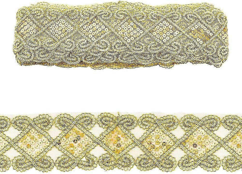 10 Yards Beaded Lace Trim Gold Applique Sequin Lace Mesh Trim Polyester 2.36"/60mm Wide Lace Trim Ribbon with Paillettes Decorative Lace Trim for Clot