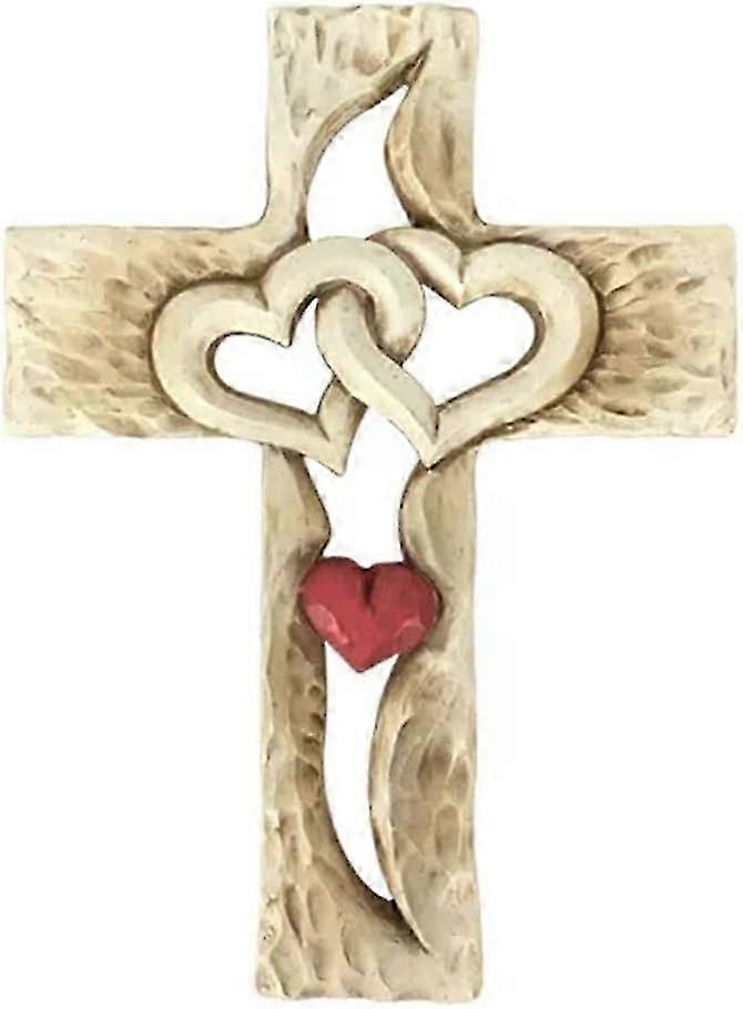 Carved Wooden Cross with Intertwined Hearts Wooden Cross - Connected with Two Hearts Intertwined Hearts Wooden Cross for Garden
