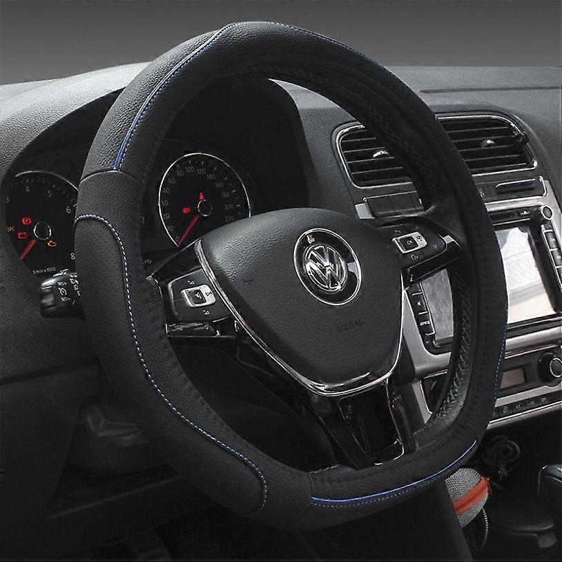 Steering Wheel Cover Microfiber Leather, Breathable Mesh Universal 14.5-15 Inch - D Type Black Blue Line (Single)