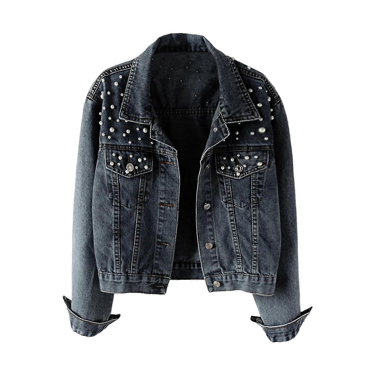 جاكيت جينز نسائي بلون واحد قصير قابل للتهوية للحفاظ على الدفء مزين بالخرز وأكمام طويلة ومعطف خريفي من اللؤلؤ الصناعي