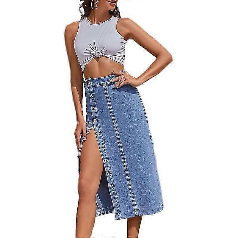 Womens High Waisted Washed Button Front Denim Long Skirt