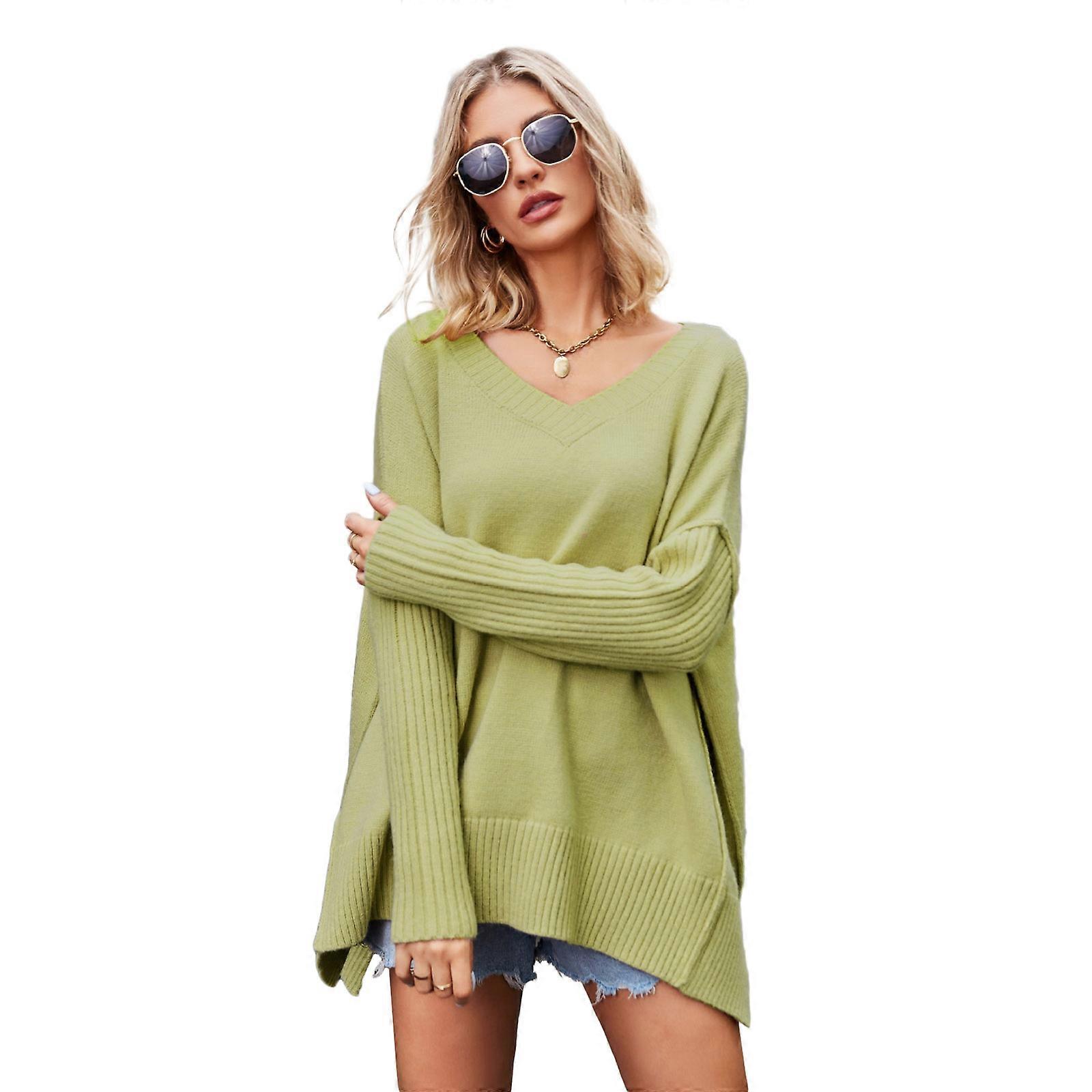 Femmes Oversize Pull V Col Long Batwing Manches Tricot Pull Pull Top Casual Ample Split Hem Tuniques Pull Top jaune vert XL
