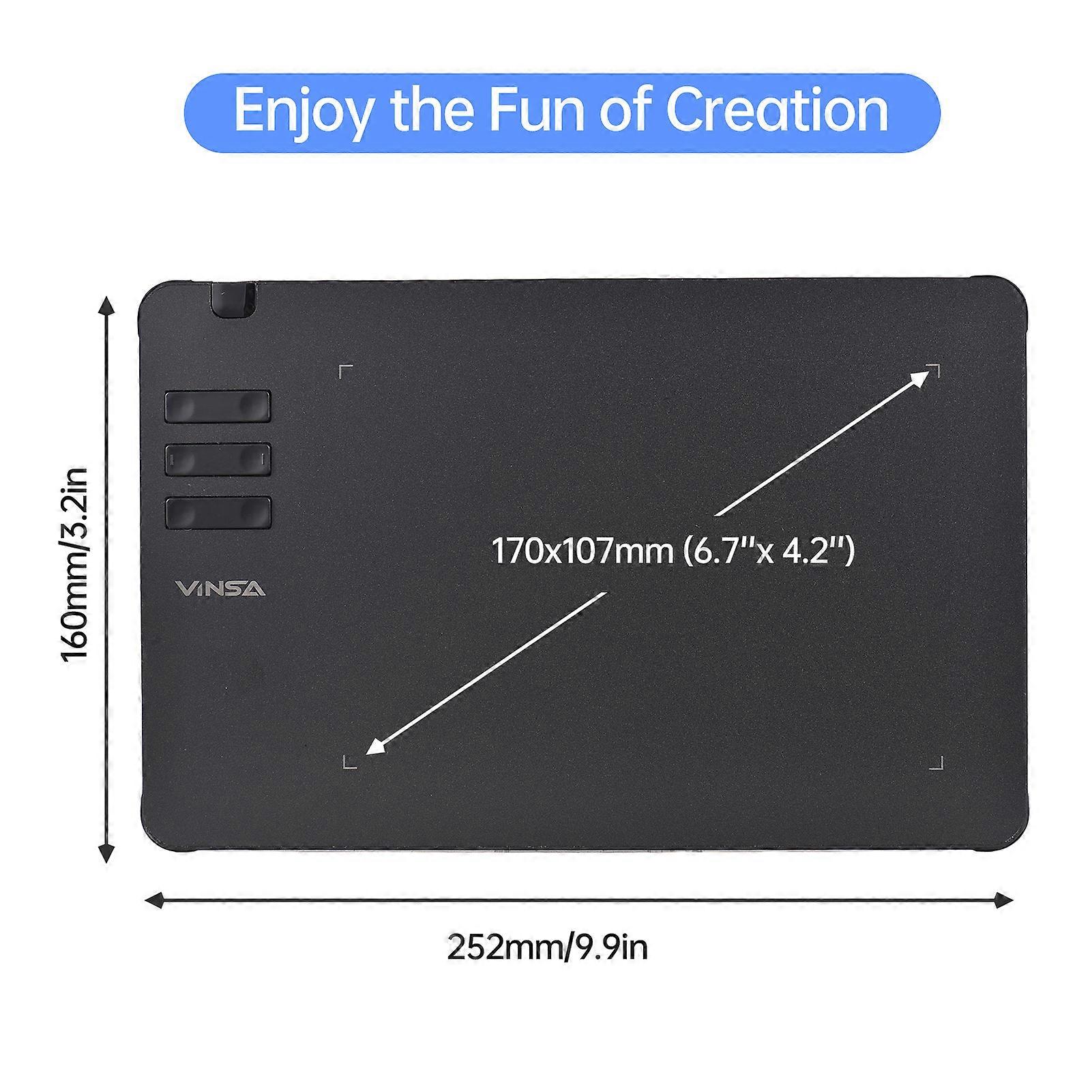 VINSA T605 Graphics Drawing Tablet Ultra-thin Art Creation Sketch with Battery-free Stylus 8 Pen Nibs 8192 Levels Pressure 6 Customized Shortcut Keys