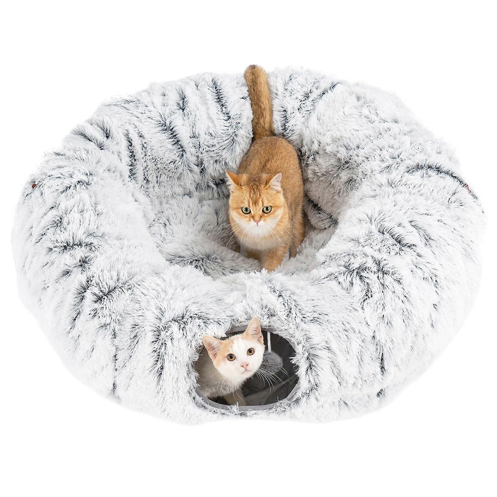 Cat Tunnel Bed with Washable Cushion - Large Plush Grey Cat Tube for Indoor Cats, Kittens, Puppies, and Ferrets