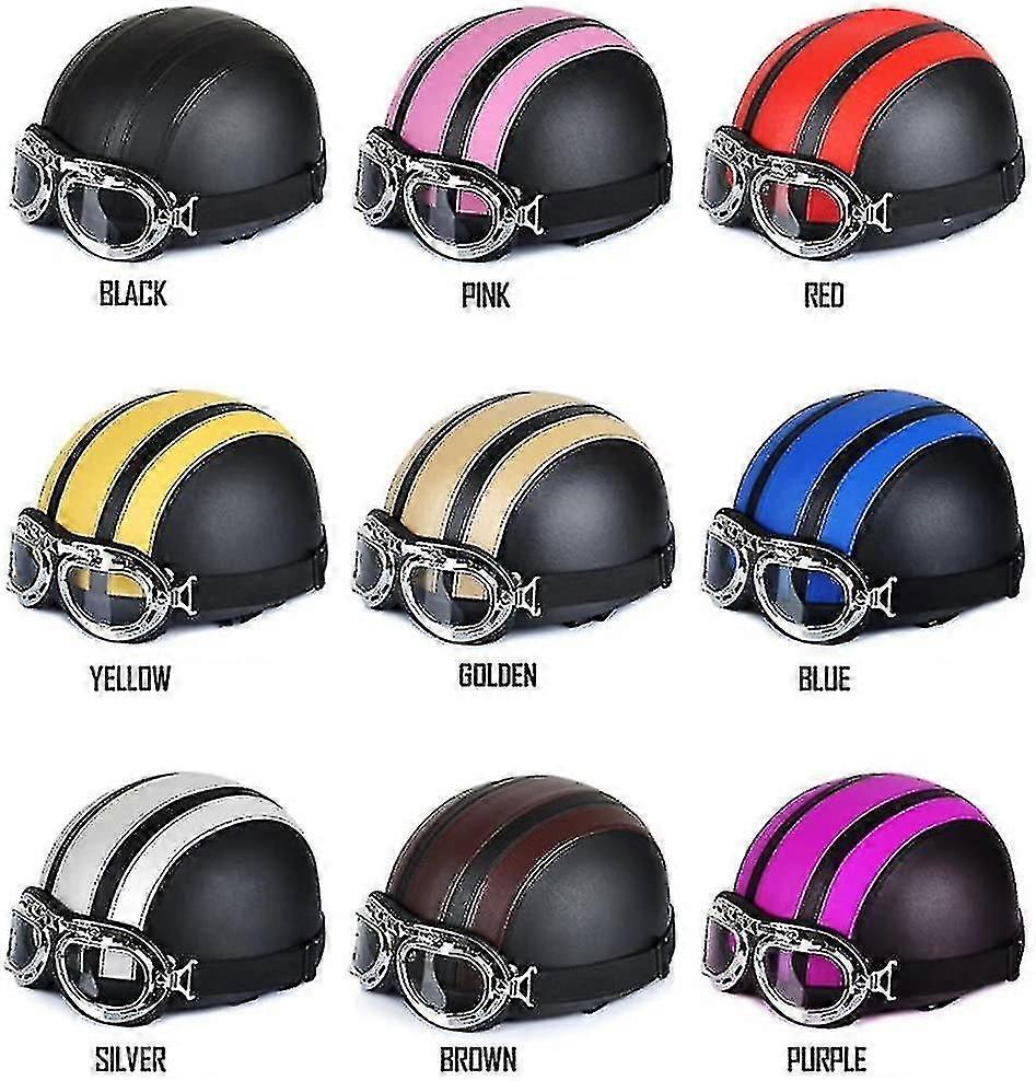 Motorcycle Scooter Open Half-face Leather Helmet With Anti-uv Goggles Retro Vintage Style 54-60cm