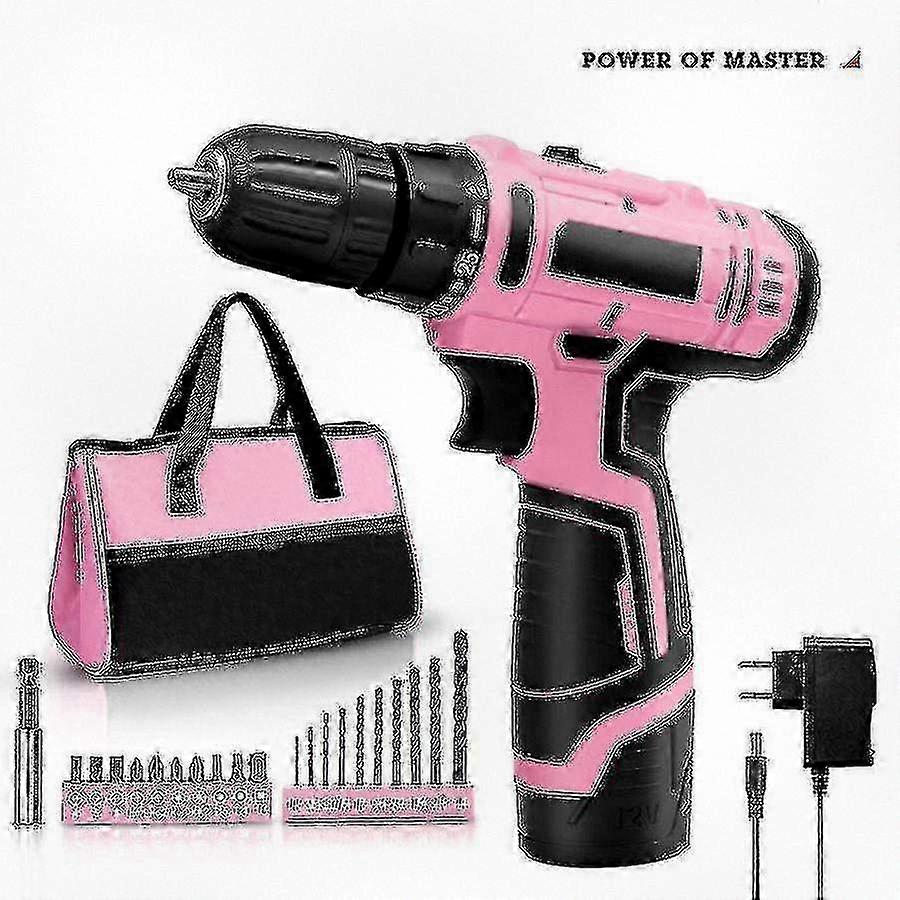 Pink Power Cordless Drill Set for Women, 12v Electric Drill Driver Tool Kit Compatible with Specific Brands, Includes Tool Bag, Battery, and
