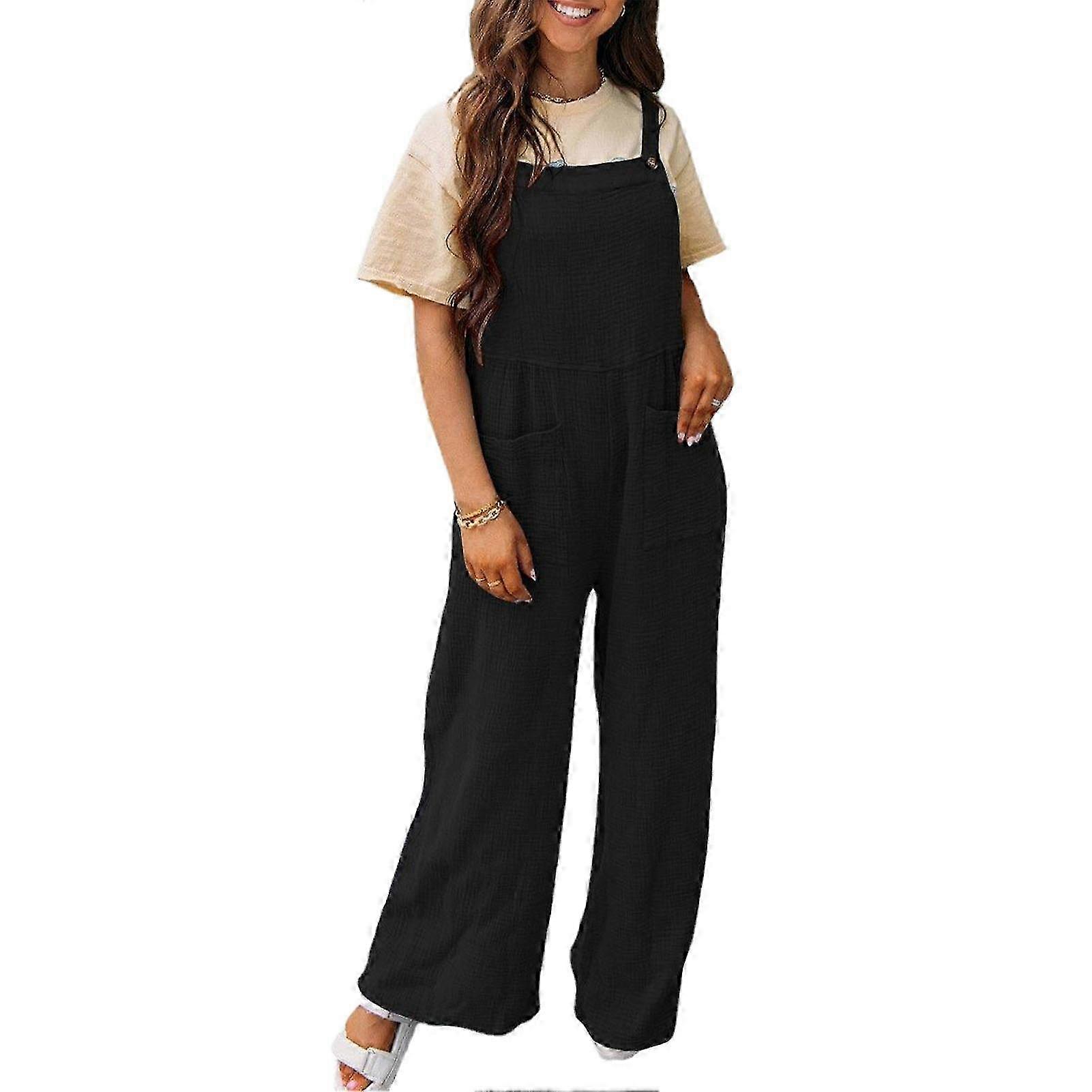 Women Stylish Button Overalls Loose Casual Elegant Solid Color Sleeveless Strap Overalls with Pockets Black S