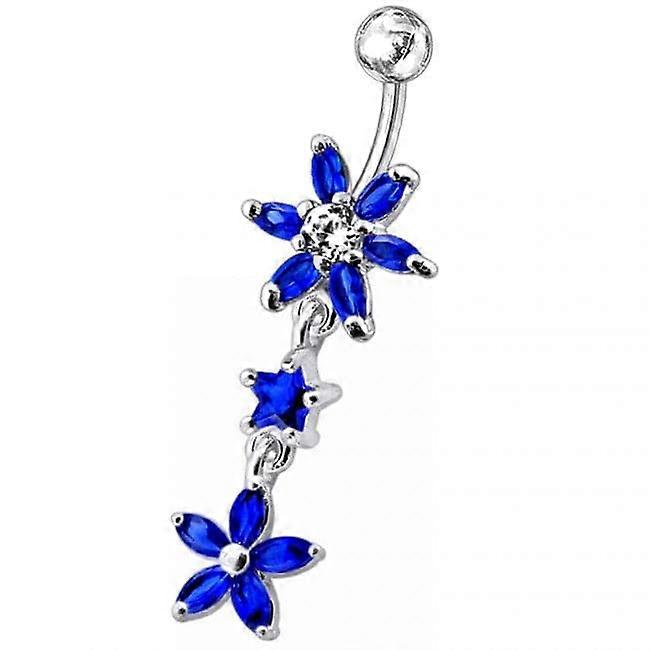 Double Flower Dangling Ss Banana Curved Bar Belly Ring