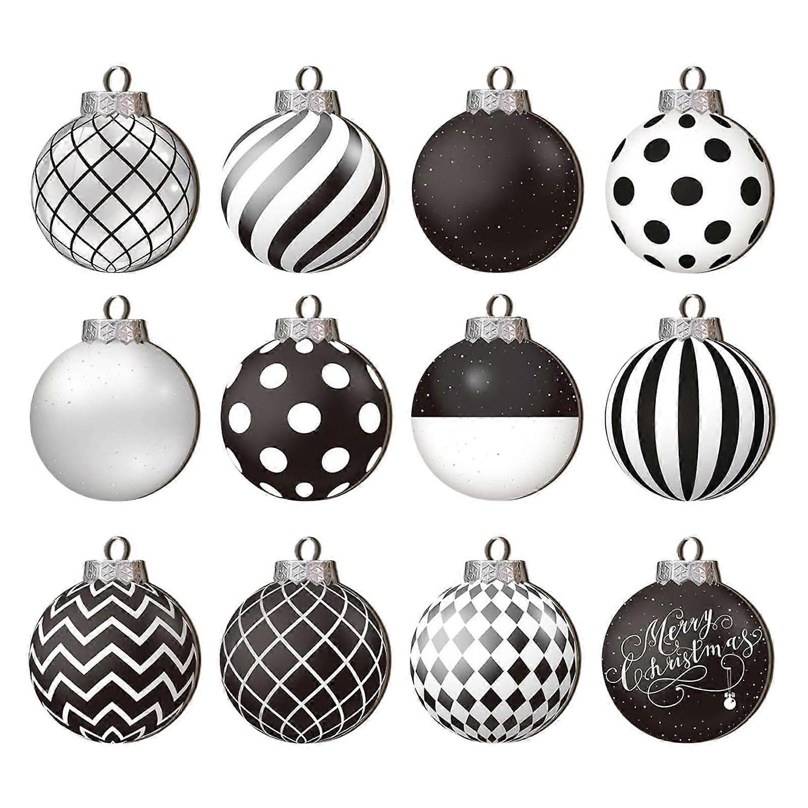 Christmas Baubles Set of 12, Black White Shatterproof Ornaments for Tree