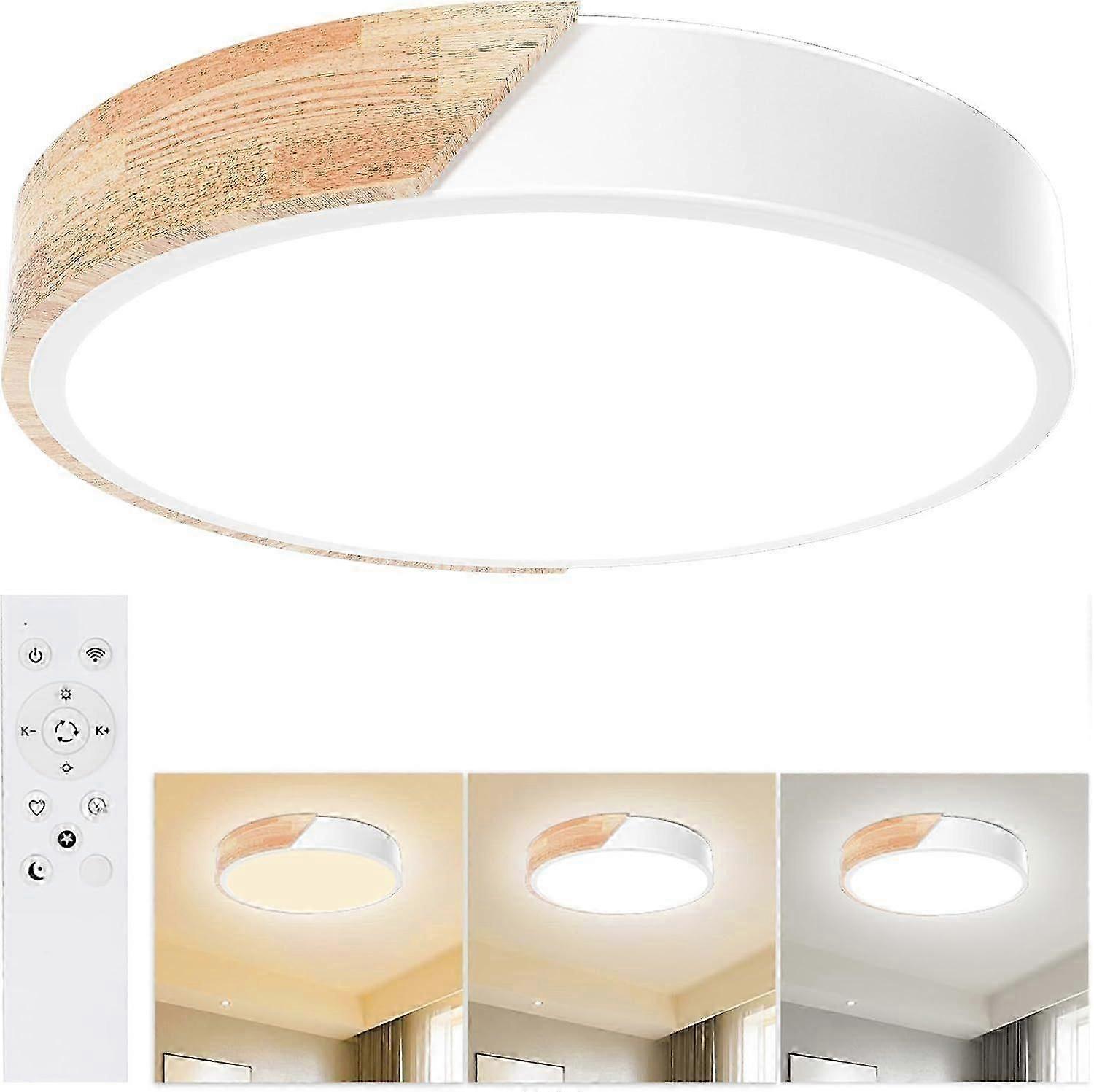 Wooden ceiling light, dimmable ceiling light 3000K-6000K, remote control LED ceiling light, 18W modern light, 30CM, white