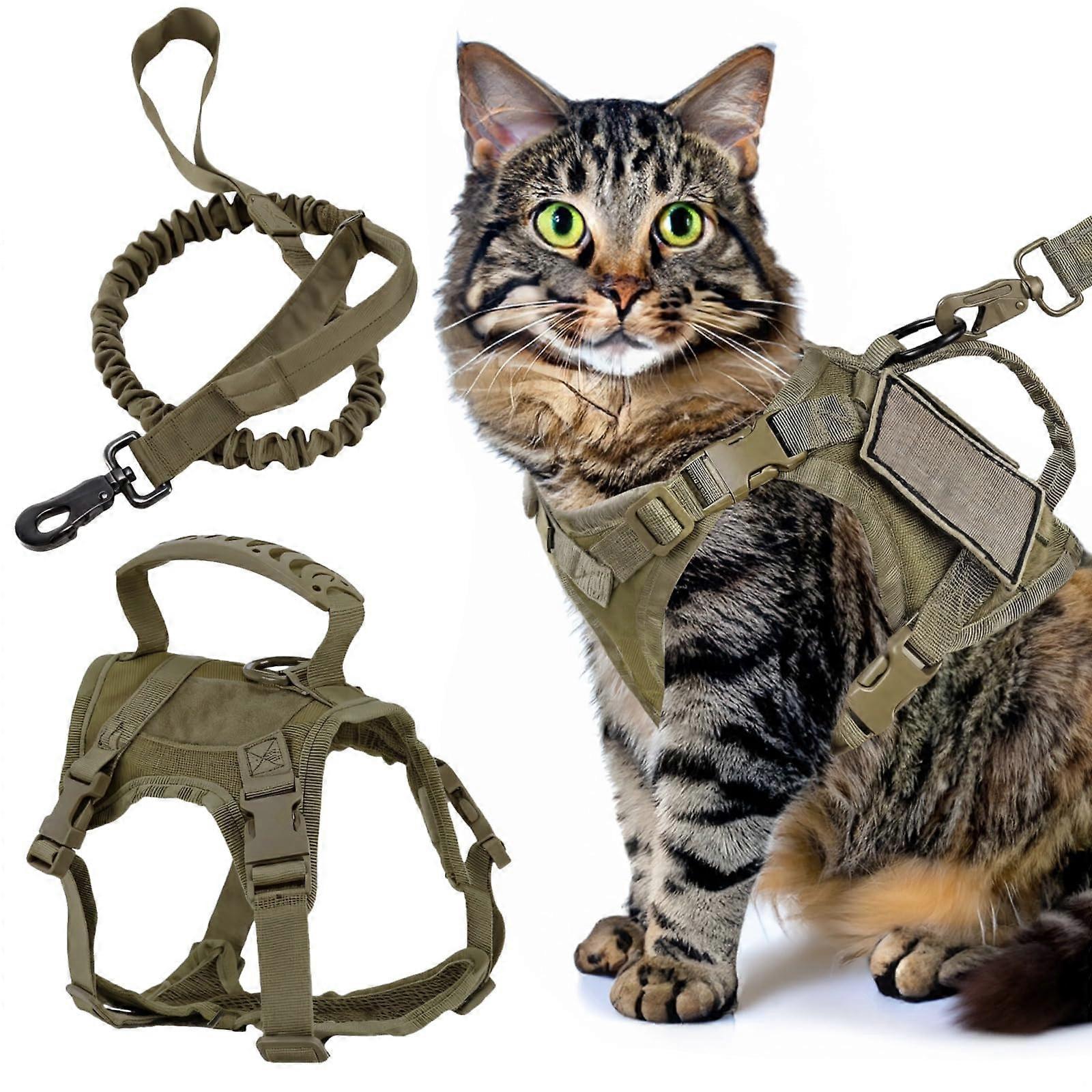 Tactical Cat Harness and Leash Adjustable Green with Control Handle and Mesh Padding