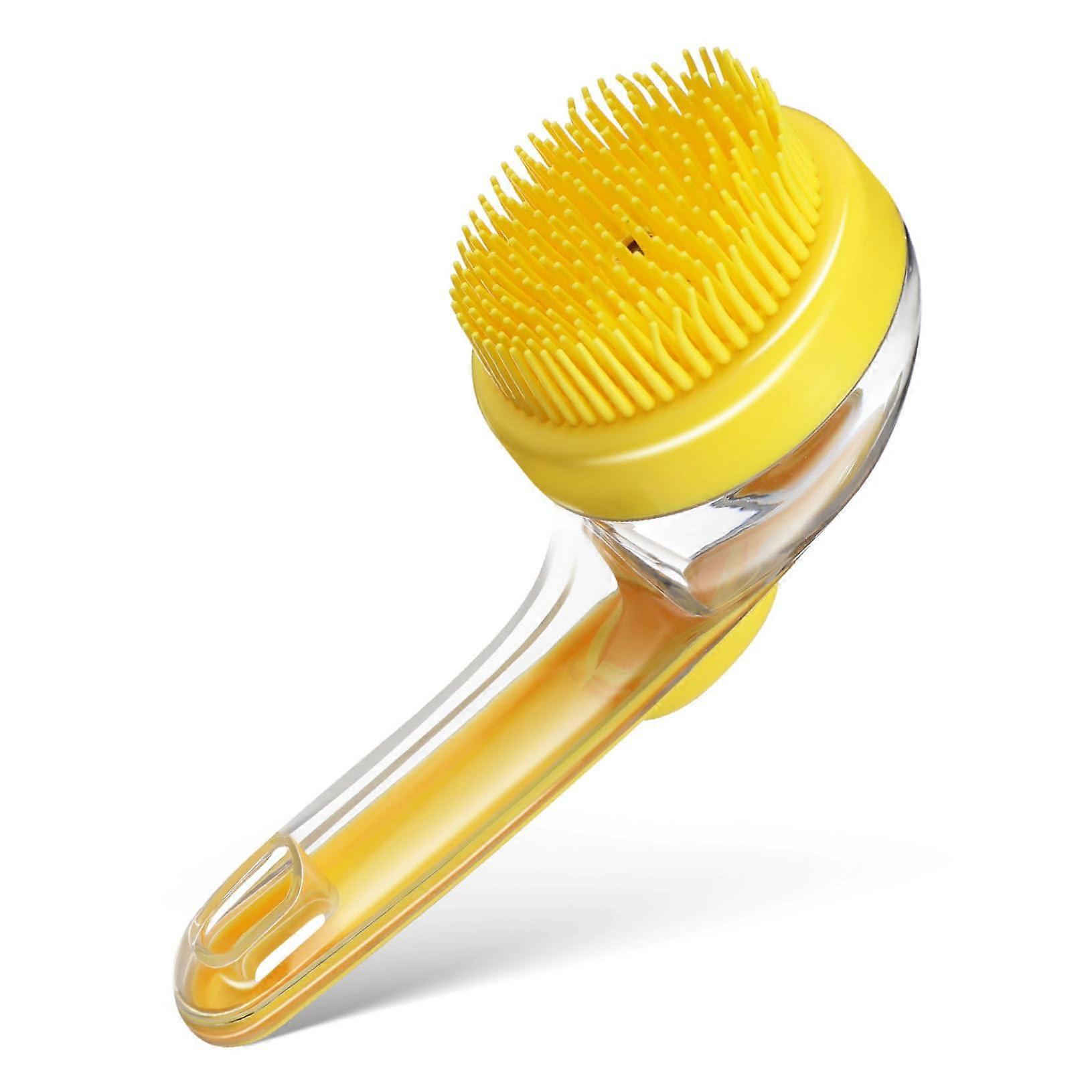 Dog bathing brush with soap dispenser, soft material for gentle scrubbing and massage.