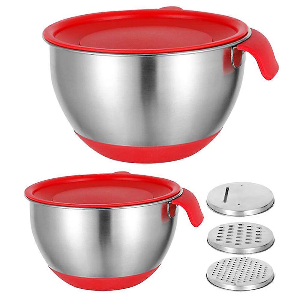 Mixing Bowls Set Kitchen Utensil Salad Preparation Food Storage Egg Beating Stainless Steel Red Handle Round Shape Practical Design Home Use 1 Set
