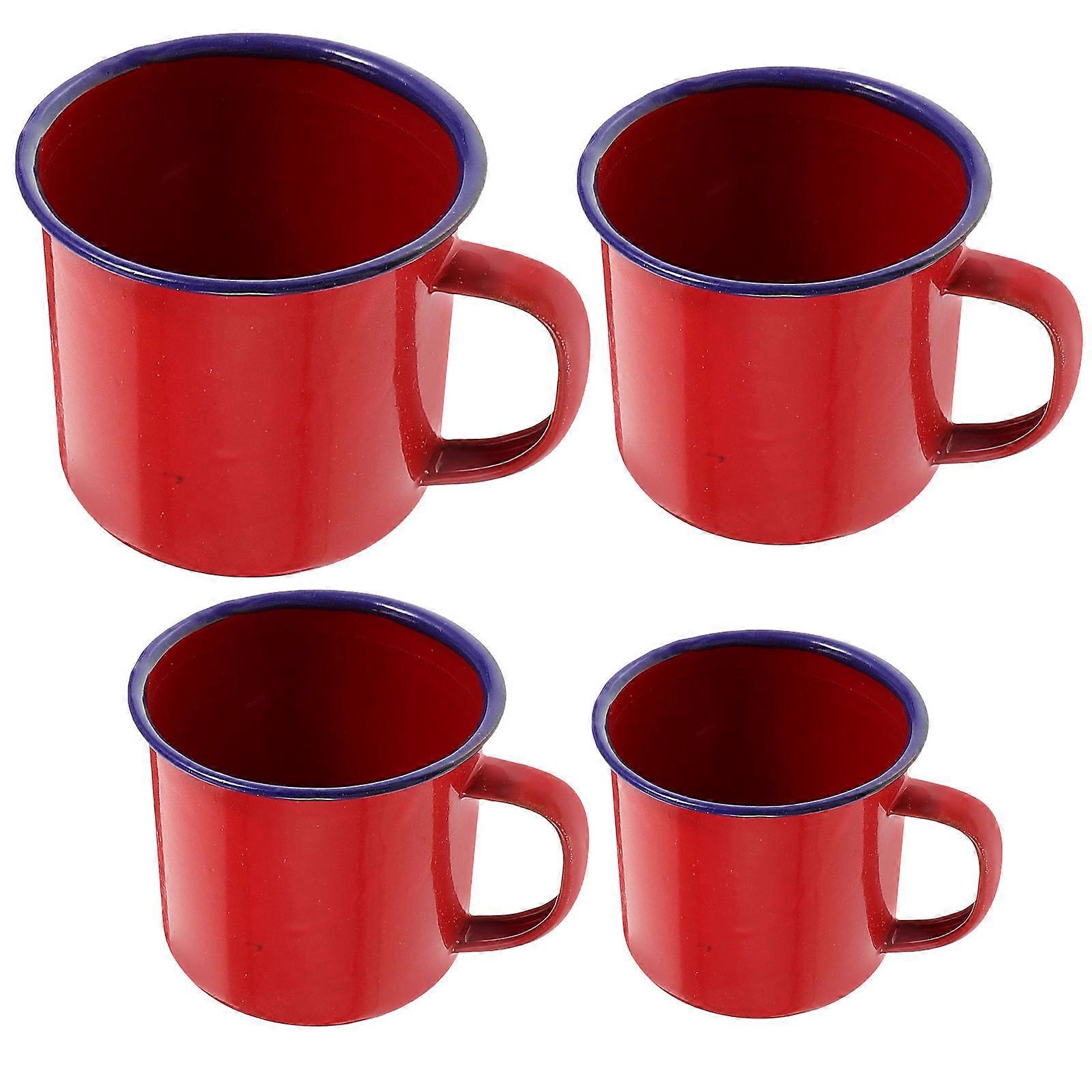 Red Enamel Mug Set Safe Practical Easy to Clean with Different Sizes for Home Use 4pcs