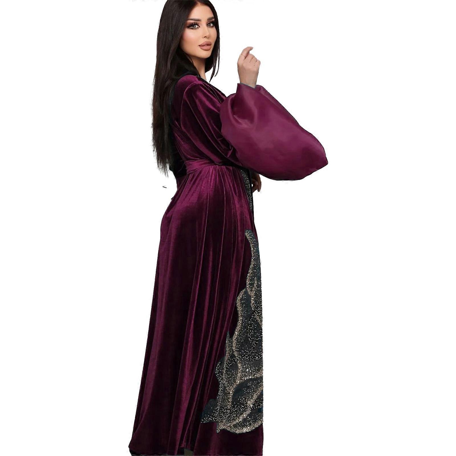 Kadın Kaftanlar Abaya Elbise V Yaka Payetler Elbise Nakış Kaftanlar Abaya Elbise Tam Boy Kaftan Abayalar Günlük Elbise bordo kırmızı XL