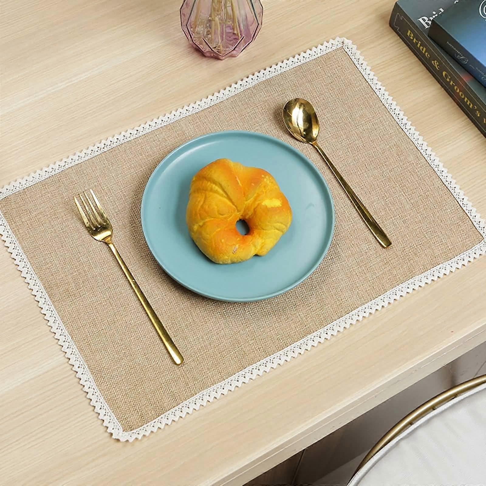 Rectangular Leather Table Mats, 2-Piece Set, Beige Brown, 45x30 Cm, Lace Edge Fabric Placemats, Modern Kitchen