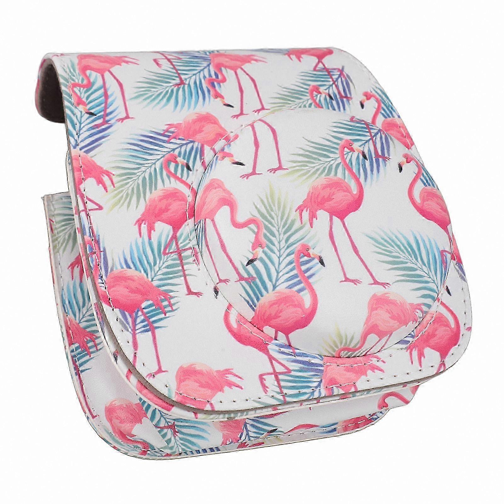 Flamingo Pink & White PU Leather Camera Bag with Adjustable Strap for Instant Cameras