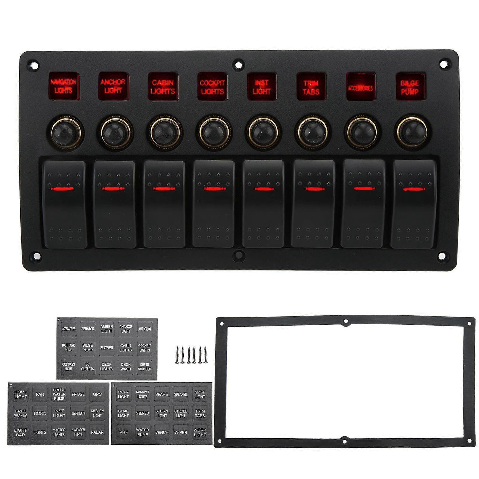 Rocker switch panel 8 position IP65 waterproof for RVs yachts boats 12V 24V
