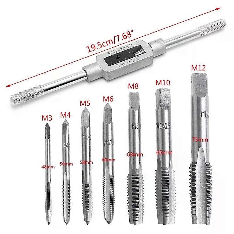 8Pcs Screw Hand Metric Plug Tap Set M3-M12 with Adjustable Tap Wrench