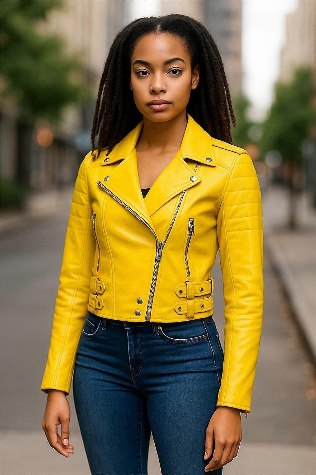 Ladies Cropped Jacket Short Body Gothic Top Yellow Chic Biker Real