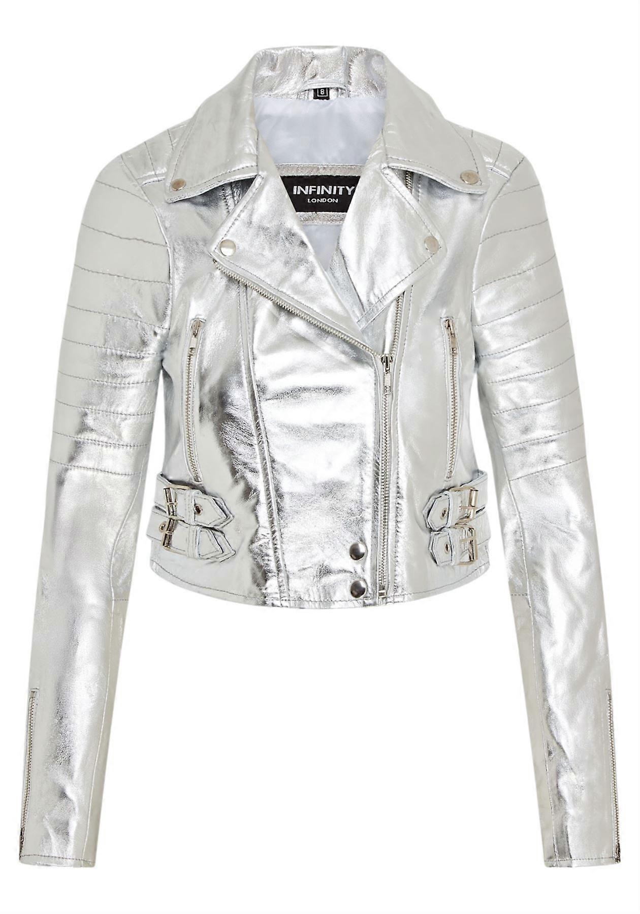 Ladies Cropped Jacket Short Body Gothic Top Silver Chic Biker Real Leather Jacket
