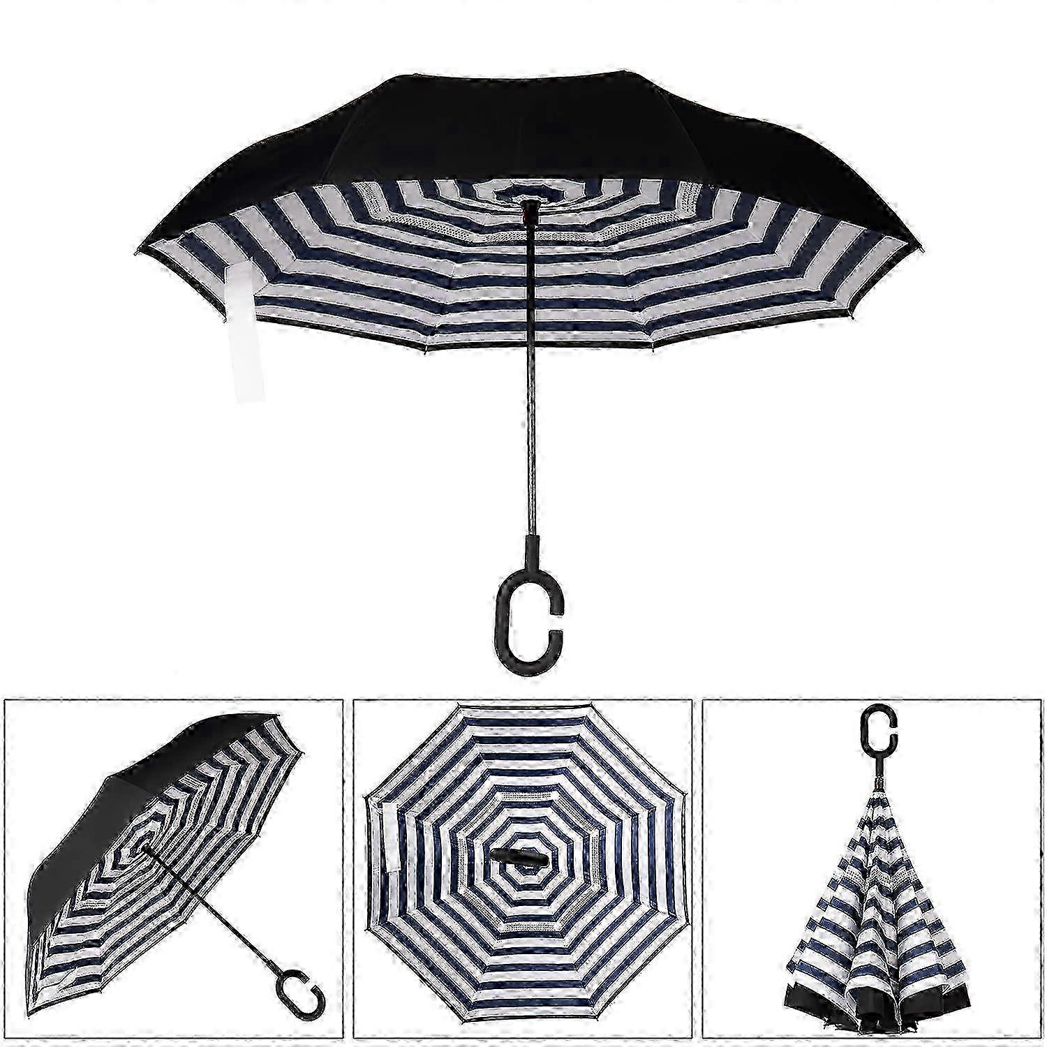 Windproof Inverted Stick Umbrella with Self-Standing Base, Double Layer Canopy for Storm & UV Protection