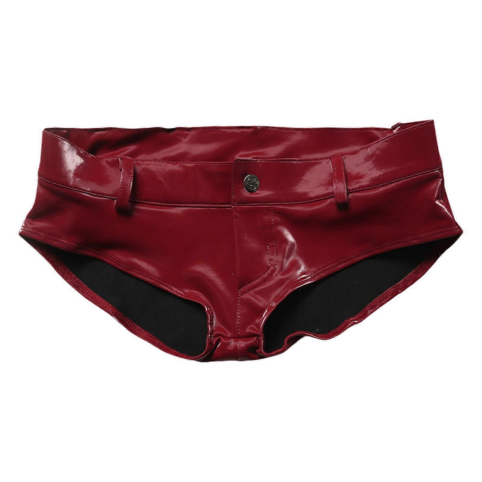 Short taille basse brillant effet mouillé en similicuir, style disco, moulant et échancré, rouge bordeaux, taille XL