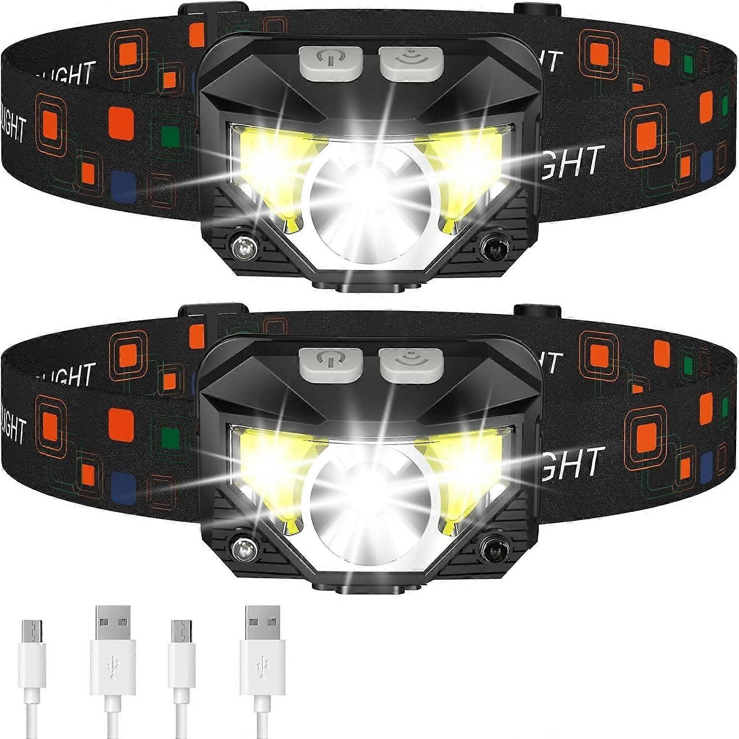 Headlamp Flashlight, Rechargeable Headlight, 2-Pack Waterproof Motion Sensor Head Lamp(Black)