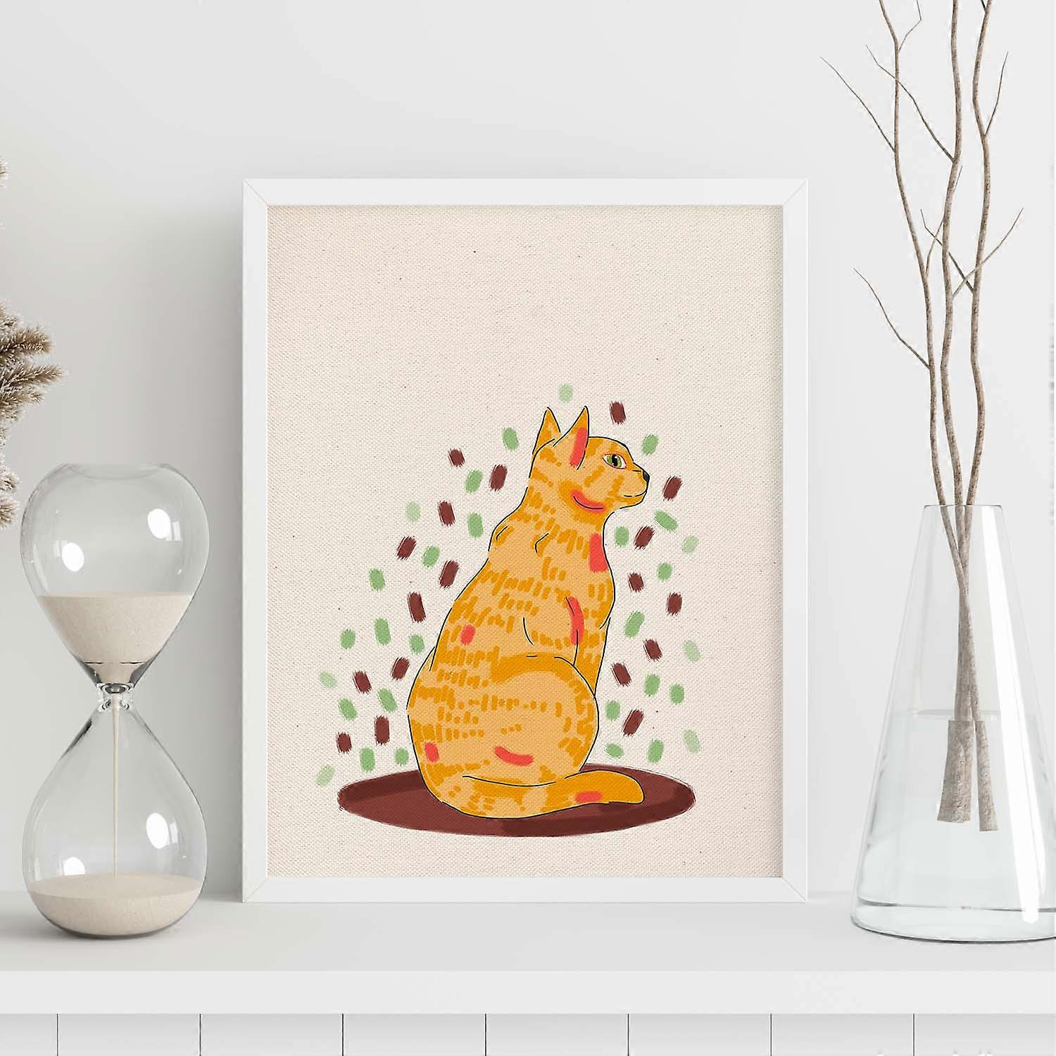 Impression colorée de chat brun jaune assis drôle