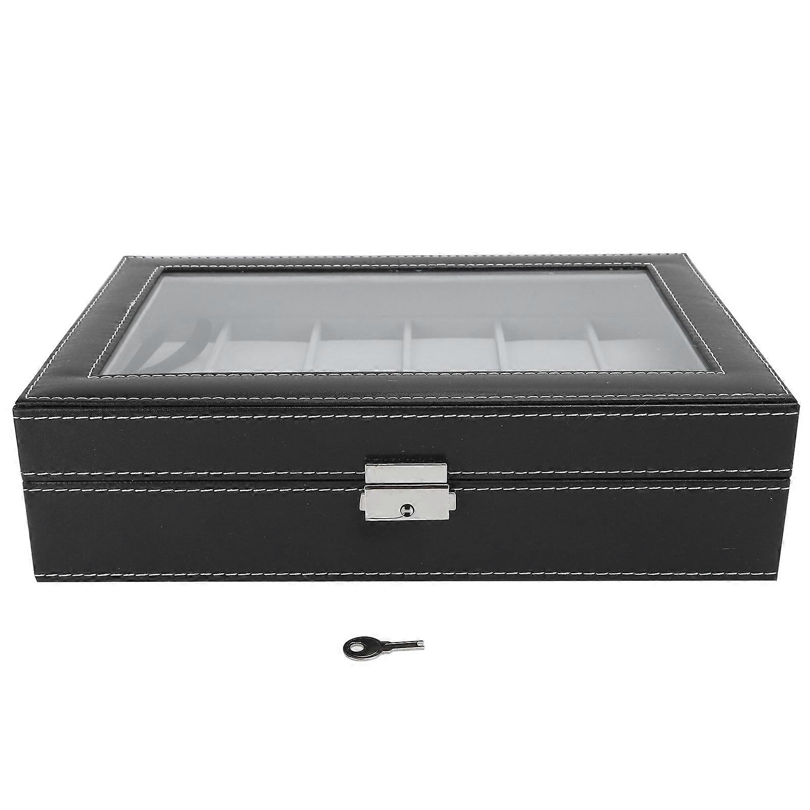 12 Compartments Watch Box Solid Black PU Leather Multi-Position Jewelry Display Storage Case