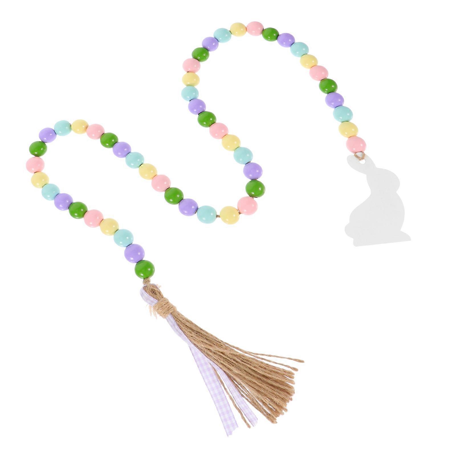 Wooden Beads String Easter Bunny Pendant for Decor with Tassel